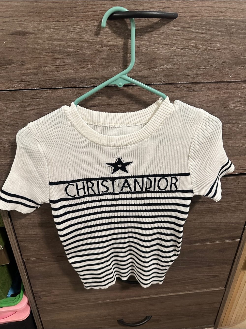 White and Black Striped Knit Tee with Logo size S